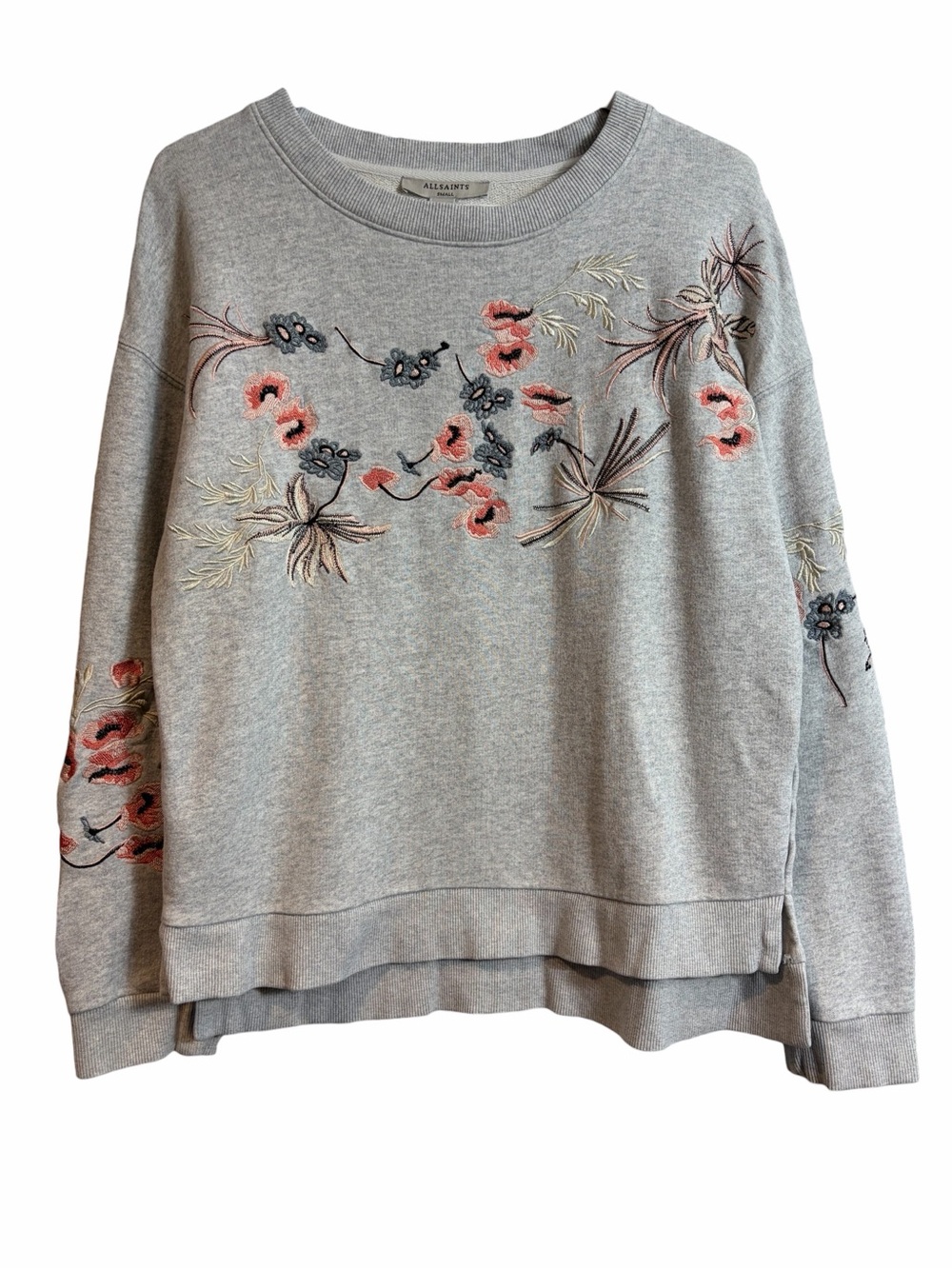 ALLSAINTS Margot Embroidered Floral Grey Pullover Sweatshirt